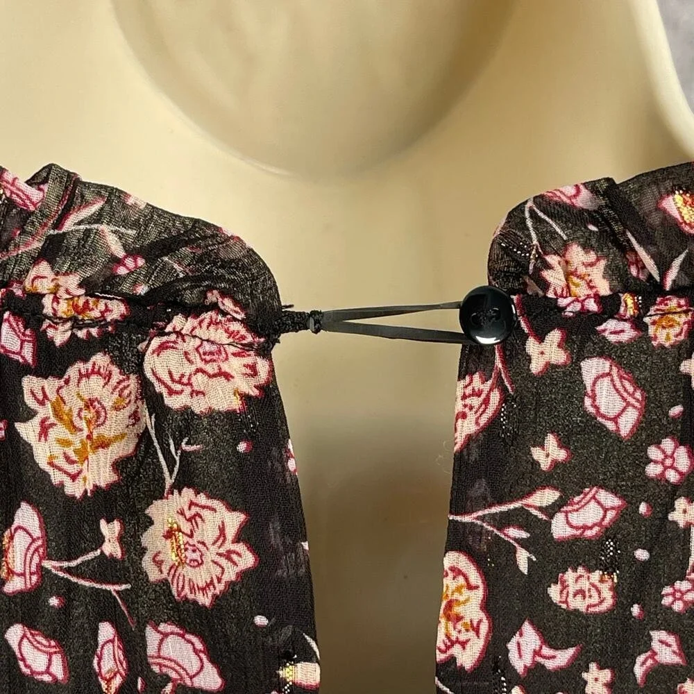 Rachel Zoe Blouse Womens Medium Black Pink Ruffle‎ Collar Trim Chiffon Top - Picture 7 of 12